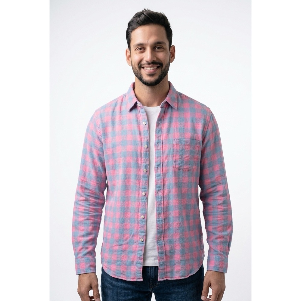 J.Crew Mens Medium Pink Blue Buffalo Check Plaid Flannel Button Down Shirt
